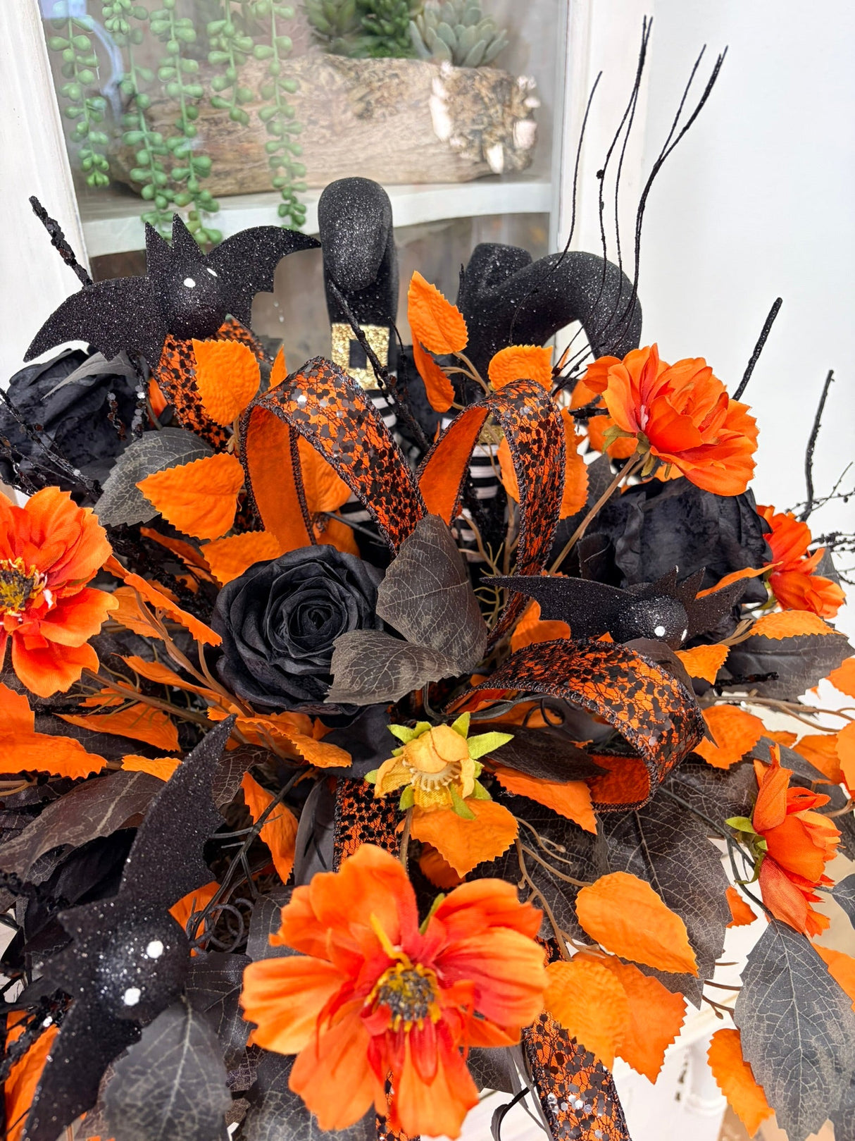 Halloween Witch Legs Centerpiece — 27 Inch Orange Black Bat Rose Arrangement TCT Crafts