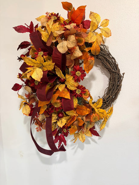 Fall Elm Leaf Wreath | Burgundy Bow Cosmos Rosehip Wreath | 27"x21" TCT Crafts