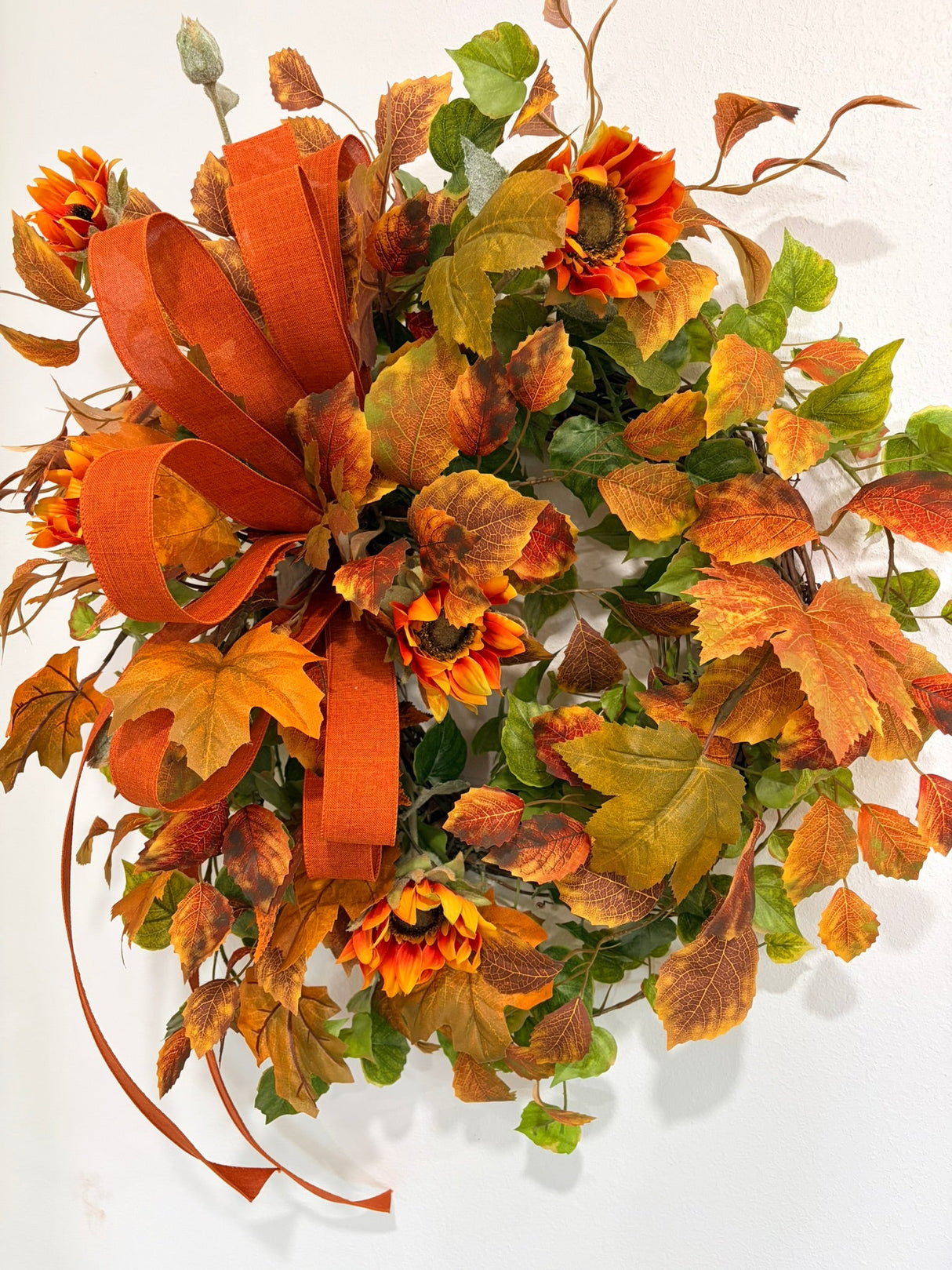Fall Sunflower Wreath | Orange Maple Leaf Grapevine Wreath | 30"x25" TCT Crafts