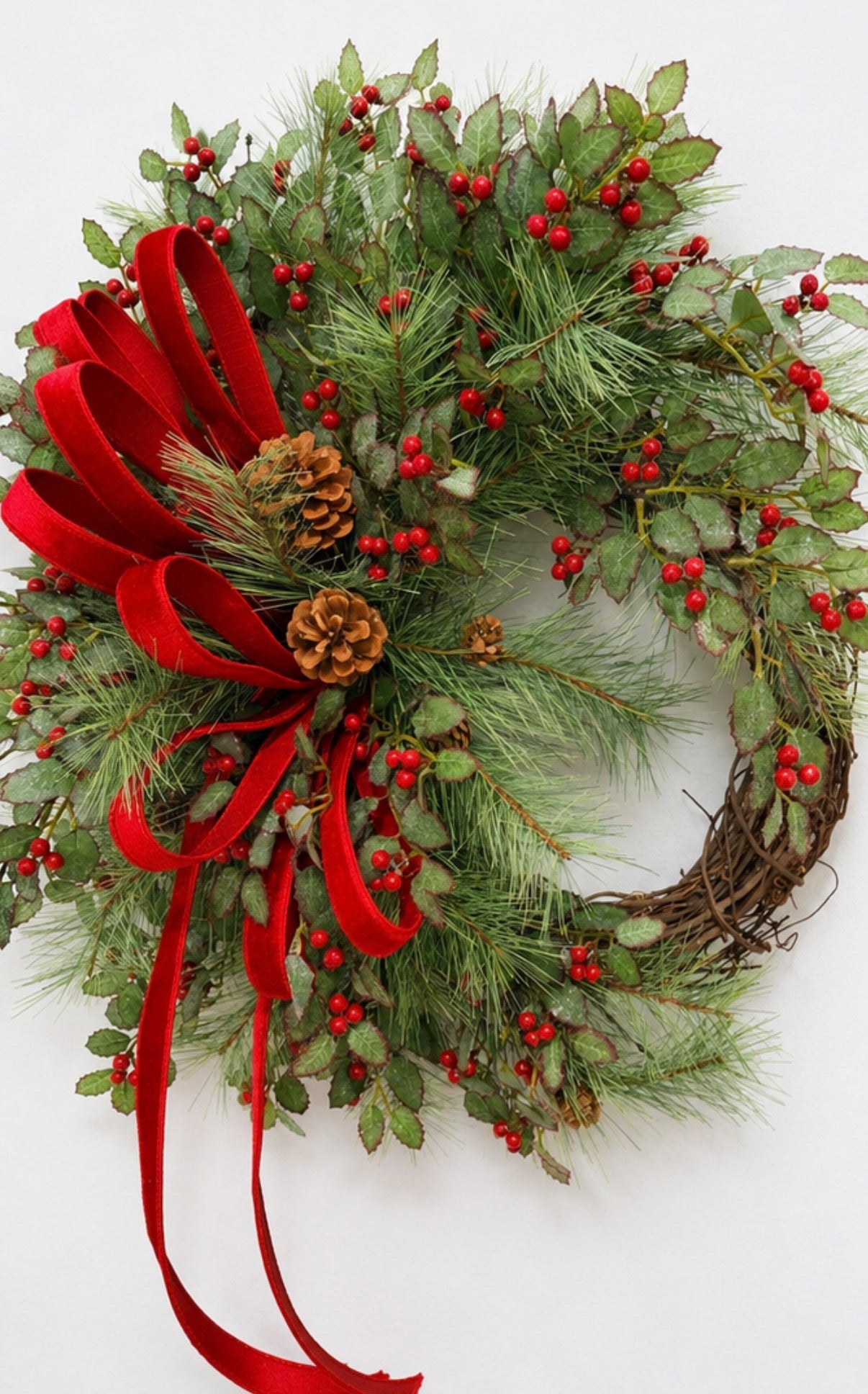 Classic Holly Pine Wreath | Red Velvet Farrisilk Ribbon Grapevine | 26" TCT Crafts