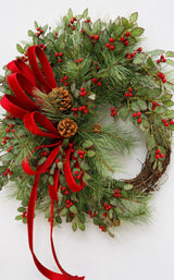 Classic Holly Pine Wreath | Red Velvet Farrisilk Ribbon Grapevine | 26" TCT Crafts