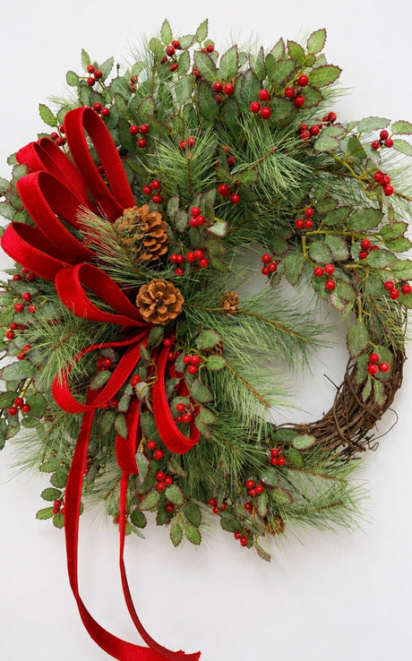Classic Holly Pine Wreath | Red Velvet Farrisilk Ribbon Grapevine | 26" TCT Crafts