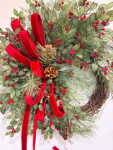 Classic Holly Pine Wreath | Red Velvet Farrisilk Ribbon Grapevine | 26" TCT Crafts