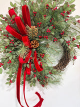 Classic Holly Pine Wreath | Red Velvet Farrisilk Ribbon Grapevine | 26" TCT Crafts