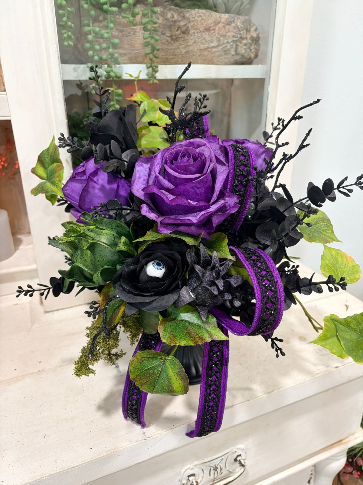 Elegant Halloween Floral Arrangement in Black Compote with Eyeball & Rose Accents – 14” TCT Crafts