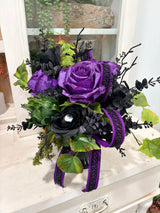 Elegant Halloween Floral Arrangement in Black Compote with Eyeball & Rose Accents – 14” TCT Crafts