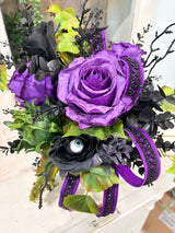 Elegant Halloween Floral Arrangement in Black Compote with Eyeball & Rose Accents – 14” TCT Crafts
