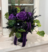 Elegant Halloween Floral Arrangement in Black Compote with Eyeball & Rose Accents – 14” TCT Crafts