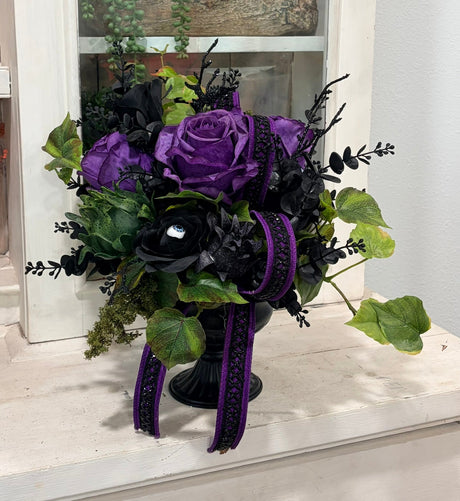 Elegant Halloween Floral Arrangement in Black Compote with Eyeball & Rose Accents – 14” TCT Crafts