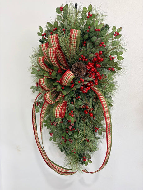 Deluxe Holly Pine Christmas Swag | Red Plaid Ribbon Bow | 36"x20" TCT Crafts
