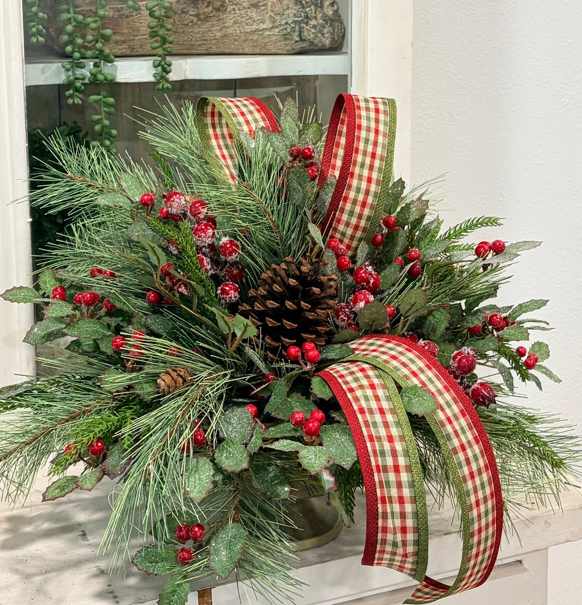 Traditional Holly Pine Christmas Arrangement in Gold Compote TCT Crafts