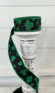 1.5"x10yd Wired Glitter Shamrocks St. Patrick's Day Ribbon - Black/Kelly Green - TCT Crafts - RGE112202