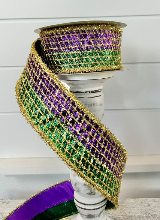 2.5"x10yd Purple/Green/Gold Mardi Gras Ribbon - Metallic Mesh with Tinsel - TCT Crafts - RGC8044