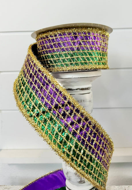 2.5"x10yd Purple/Green/Gold Mardi Gras Ribbon - Metallic Mesh with Tinsel - TCT Crafts - RGC8044 Craig Bachman