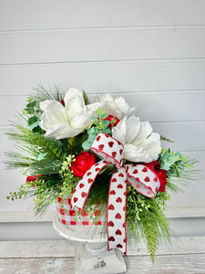 Southern Charm White Magnolia Floral Arrangement - Red & White Valentine's Day Floral Centerpiece - Valentine's Day Decor by TCT Crafts