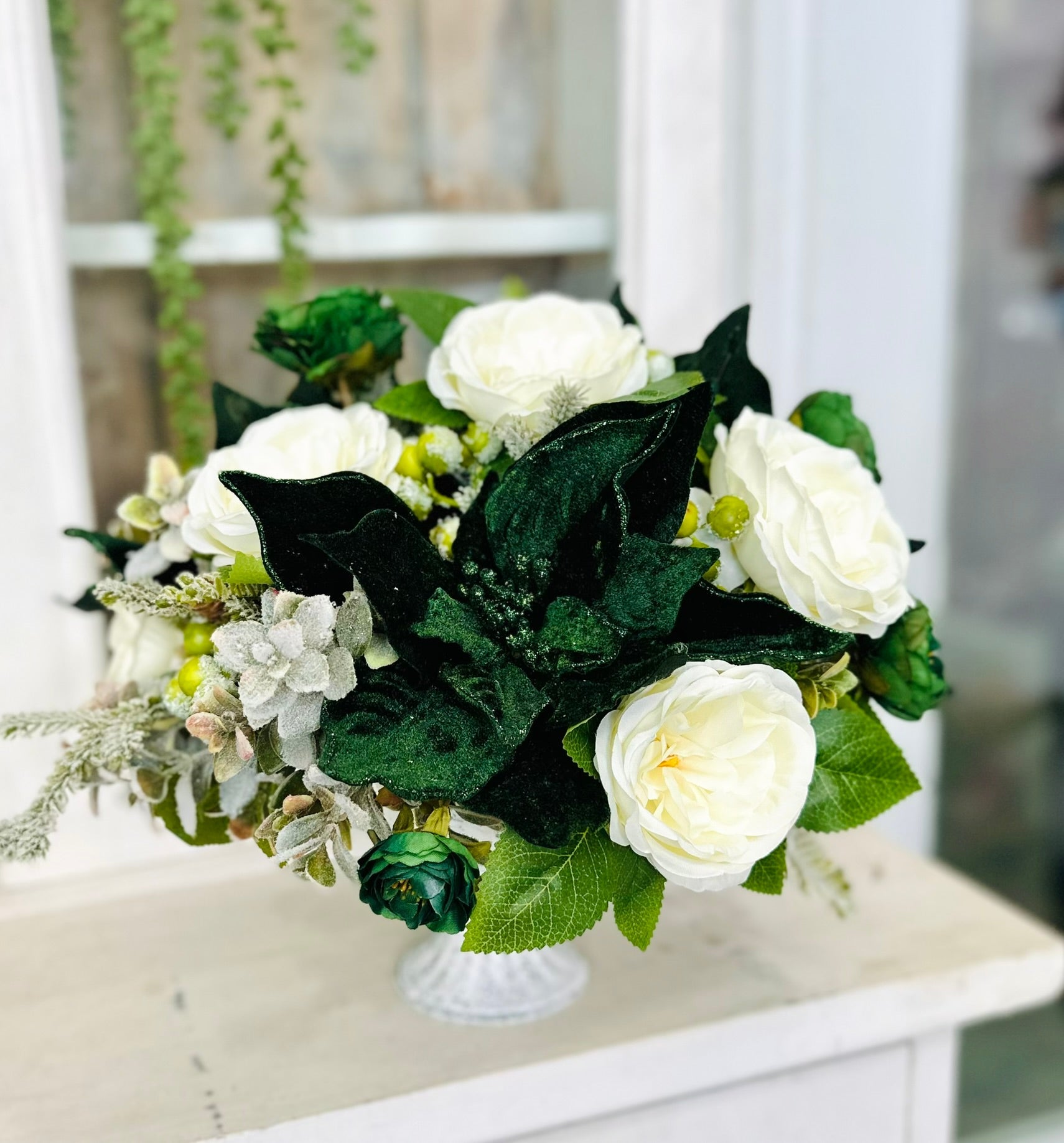Emerald Green and White Centerpiece – Velvet Holiday or Wedding Arrangement TCT Crafts