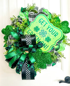 Irish Themed St. Patrick's Day Wreath-Handmade Door Decor-Glitter Shamrocks-Pot of Gold-Green Ornaments-Artificial Greenery-TCT Crafts