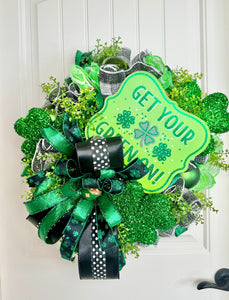 Irish Themed St. Patrick's Day Wreath-Handmade Door Decor-Glitter Shamrocks-Pot of Gold-Green Ornaments-Artificial Greenery-TCT Crafts