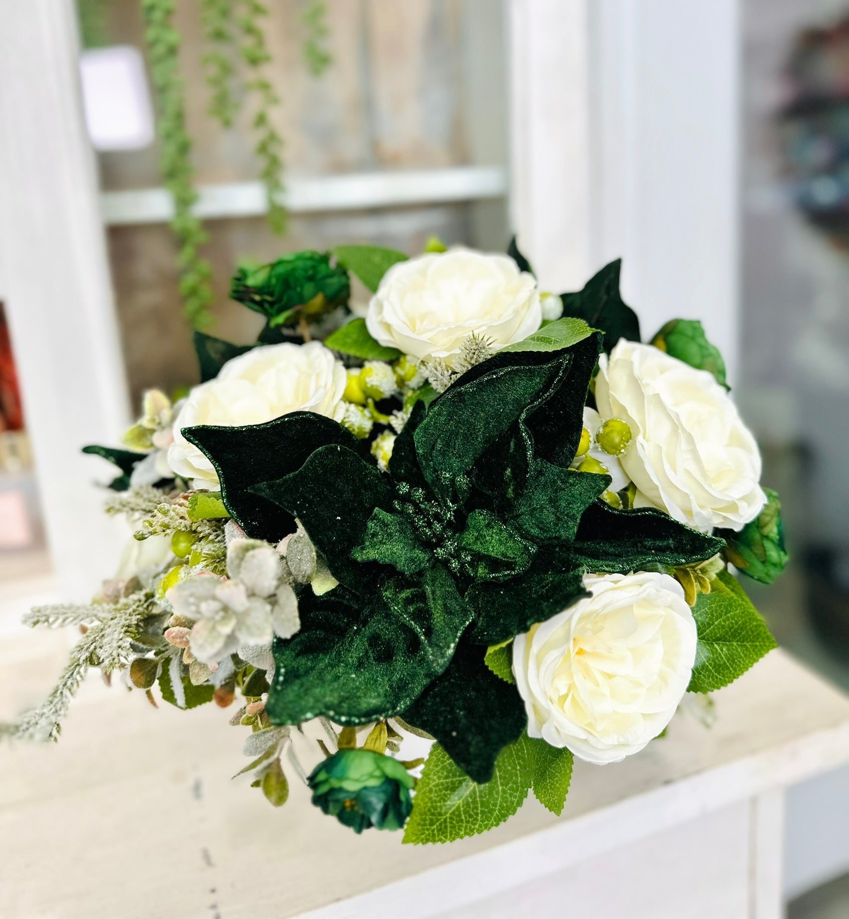 Emerald Green and White Centerpiece – Velvet Holiday or Wedding Arrangement TCT Crafts