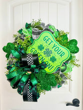 Load image into Gallery viewer, Irish Themed St. Patrick&#39;s Day Wreath-Handmade Door Decor-Glitter Shamrocks-Pot of Gold-Green Ornaments-Artificial Greenery-TCT Crafts
