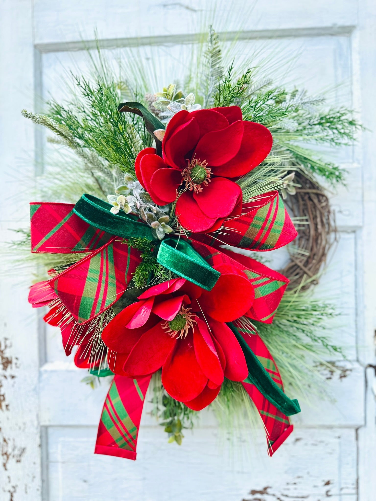 Red Velvet Magnolia Christmas Wreath – Holiday Grapevine Door Decor with Pine & Designer Ribbon TCTCrafts