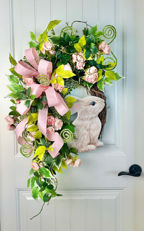 Handcrafted Spring Bunny Wreath - Limited Edition Easter Door Decor with Pink Florals and Ribbon Accents - TCT Crafts Seasonal Decor TCT Crafts