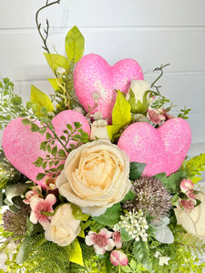 Valentine's Day Flowers - Pink Heart Centerpiece - Faux Rose and Wisteria Arrangement - Romantic Gift - Artificial Fern Decor - 19x16 Inches