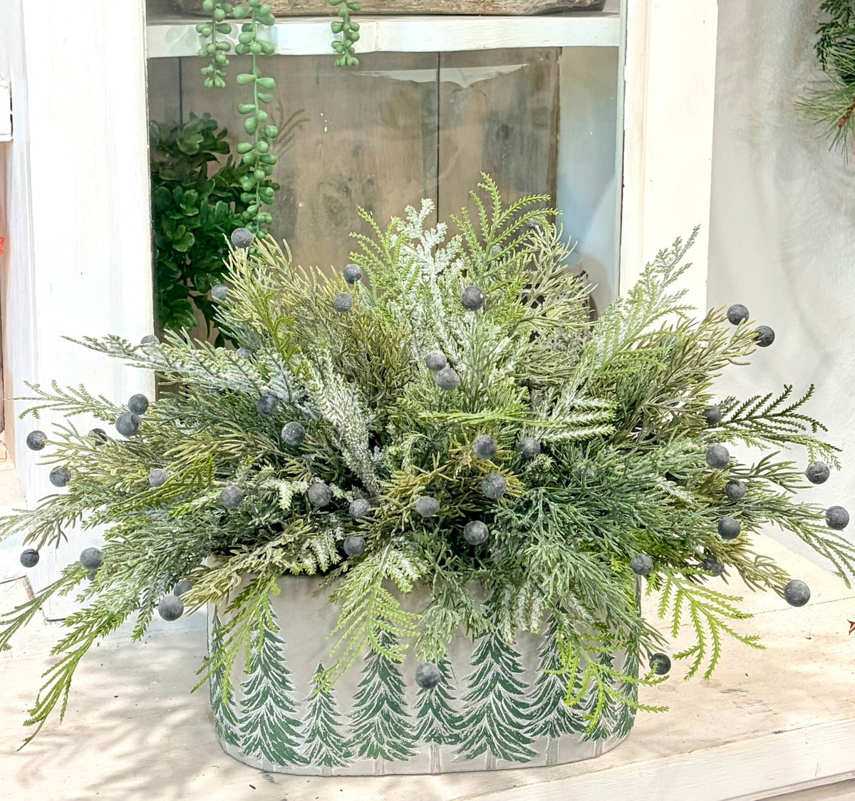 Snowy Fern & Juniper Winter Arrangement in Green Tree Cement Planter-2211 TCT Crafts