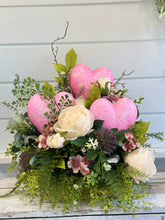 Load image into Gallery viewer, Valentine&#39;s Day Flowers - Pink Heart Centerpiece - Faux Rose and Wisteria Arrangement - Romantic Gift - Artificial Fern Decor - 19x16 Inches