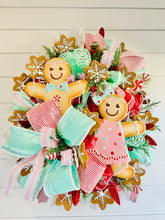 Load image into Gallery viewer, Christmas Wreath - Gingerbread Decor - Front Door Wreath - Pink and Mint Green - Holiday Wreath - Handmade Christmas Decor by TCT Crafts