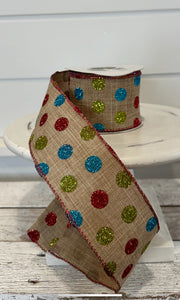2.5"x10YD Natural Elegance: Red, Blue & Green Polka Dot Wired Ribbon by TCT Crafts (92379W-750-40F)