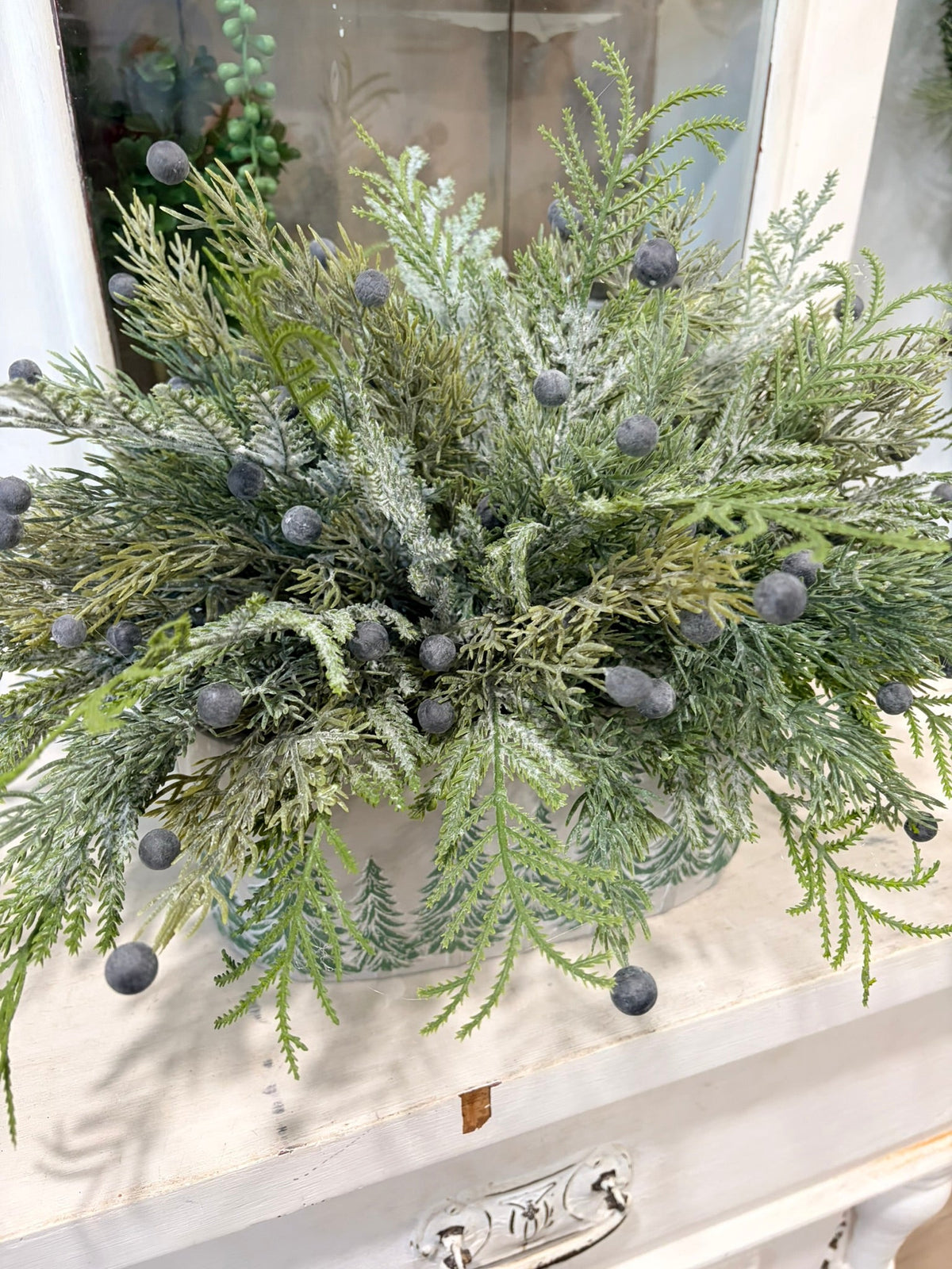 Snowy Fern & Juniper Winter Arrangement in Green Tree Cement Planter-2211 TCT Crafts