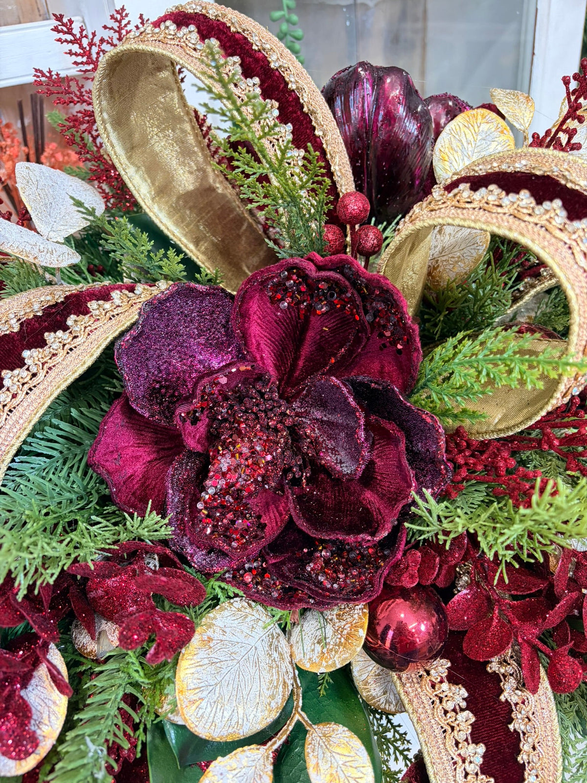 Burgundy & Gold Glam Christmas Centerpiece with Velvet Magnolias & D. Stevens Ribbon-2213 TCT Crafts