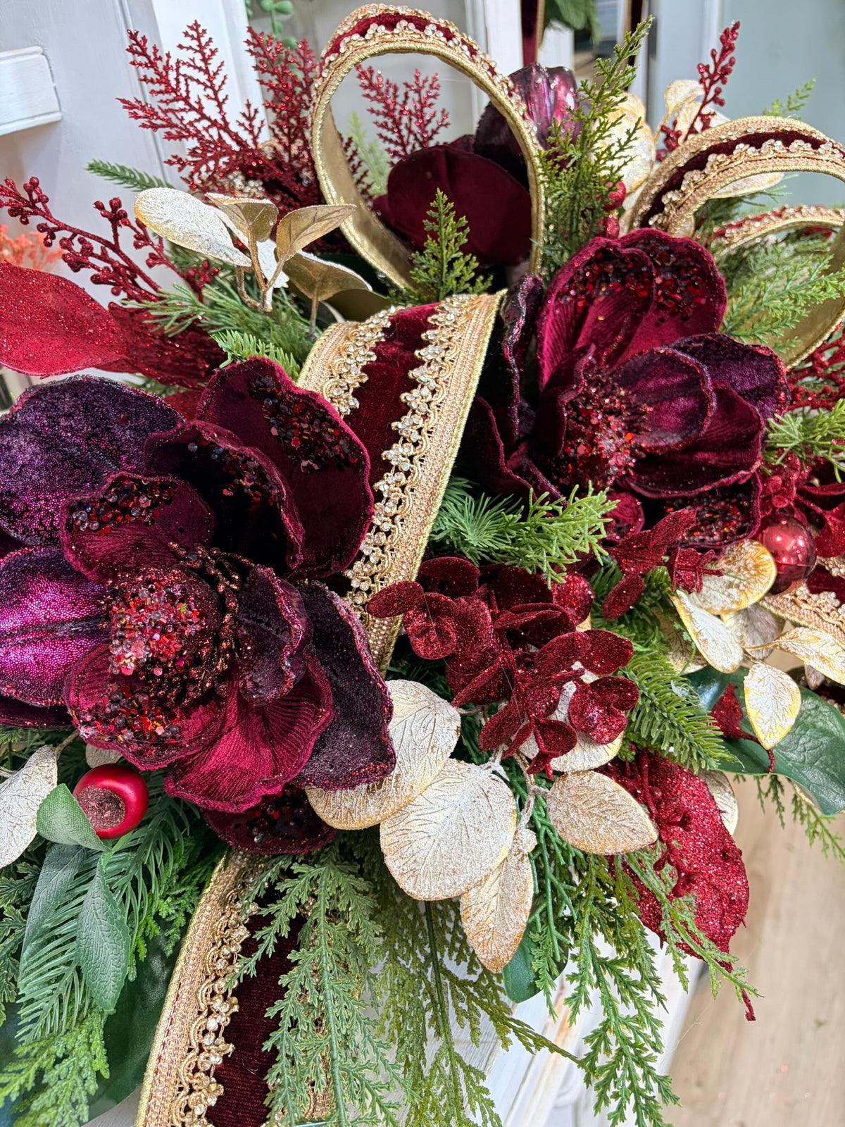 Burgundy & Gold Glam Christmas Centerpiece with Velvet Magnolias & D. Stevens Ribbon-2213 TCT Crafts