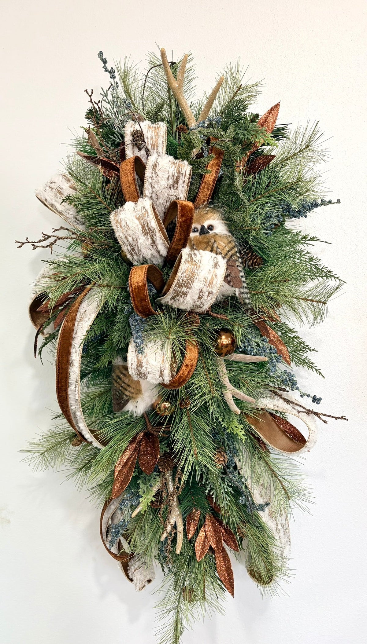 Woodlands Owl & Antler Christmas Door Swag with Southern Pine and Velvet Ribbon-2212 TCT Crafts