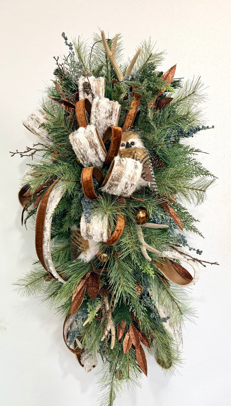 Woodlands Owl & Antler Christmas Door Swag with Southern Pine and Velvet Ribbon-2212 TCT Crafts