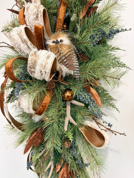 Woodlands Owl & Antler Christmas Door Swag with Southern Pine and Velvet Ribbon-2212 TCT Crafts