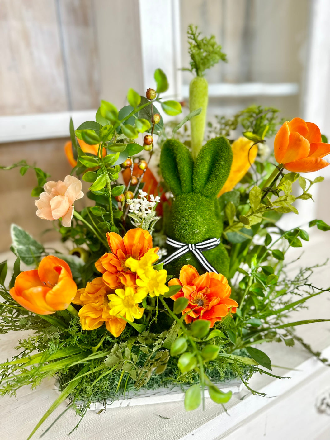 Spring Easter Bunny Centerpiece - Farm Fresh Carrot Decor with Orange Florals -  Spring Orange Tulip and Poppy Floral Arrangement