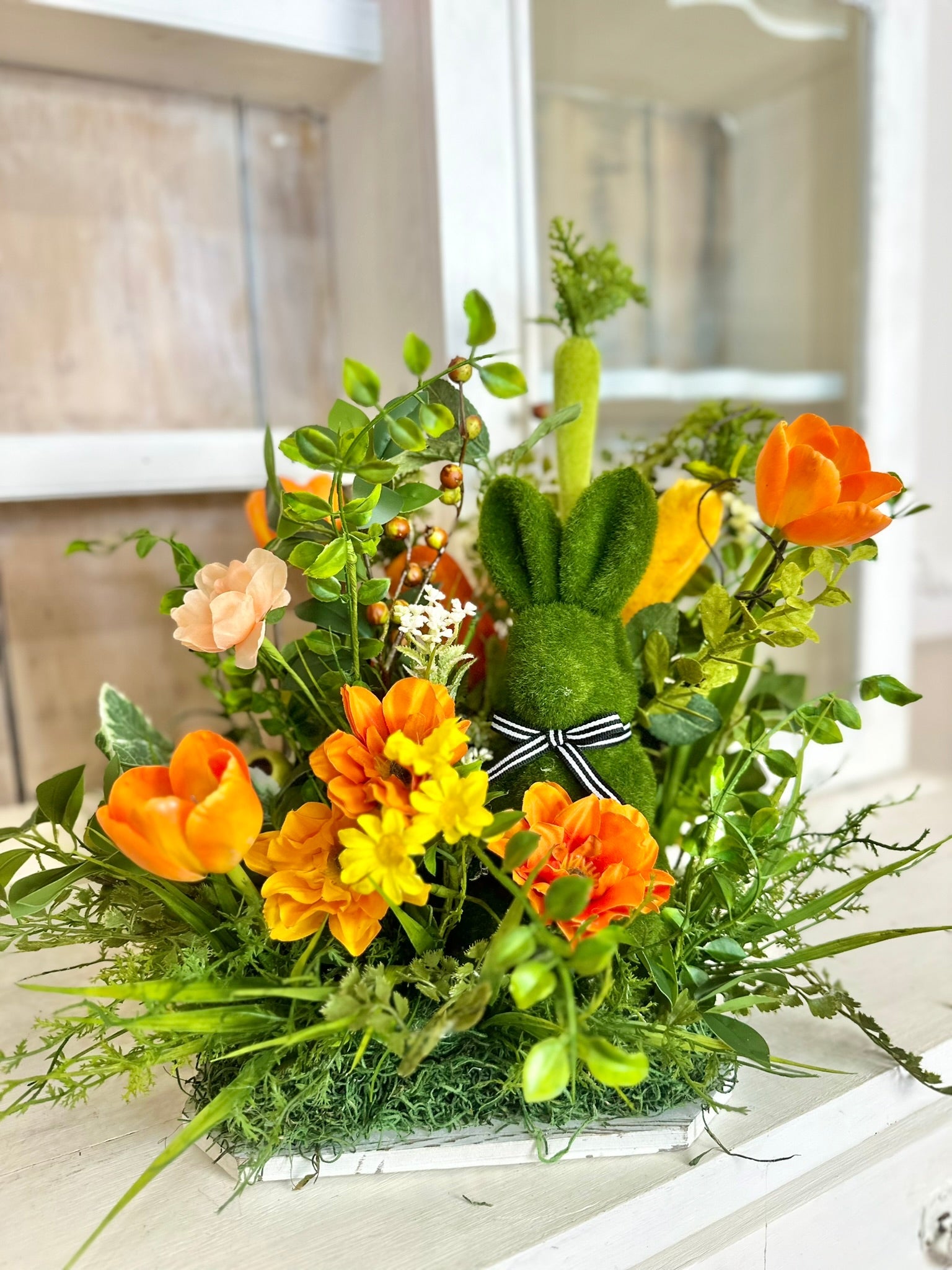 Spring Easter Bunny Centerpiece - Farm Fresh Carrot Decor with Orange Florals -  Spring Orange Tulip and Poppy Floral Arrangement TCT Crafts