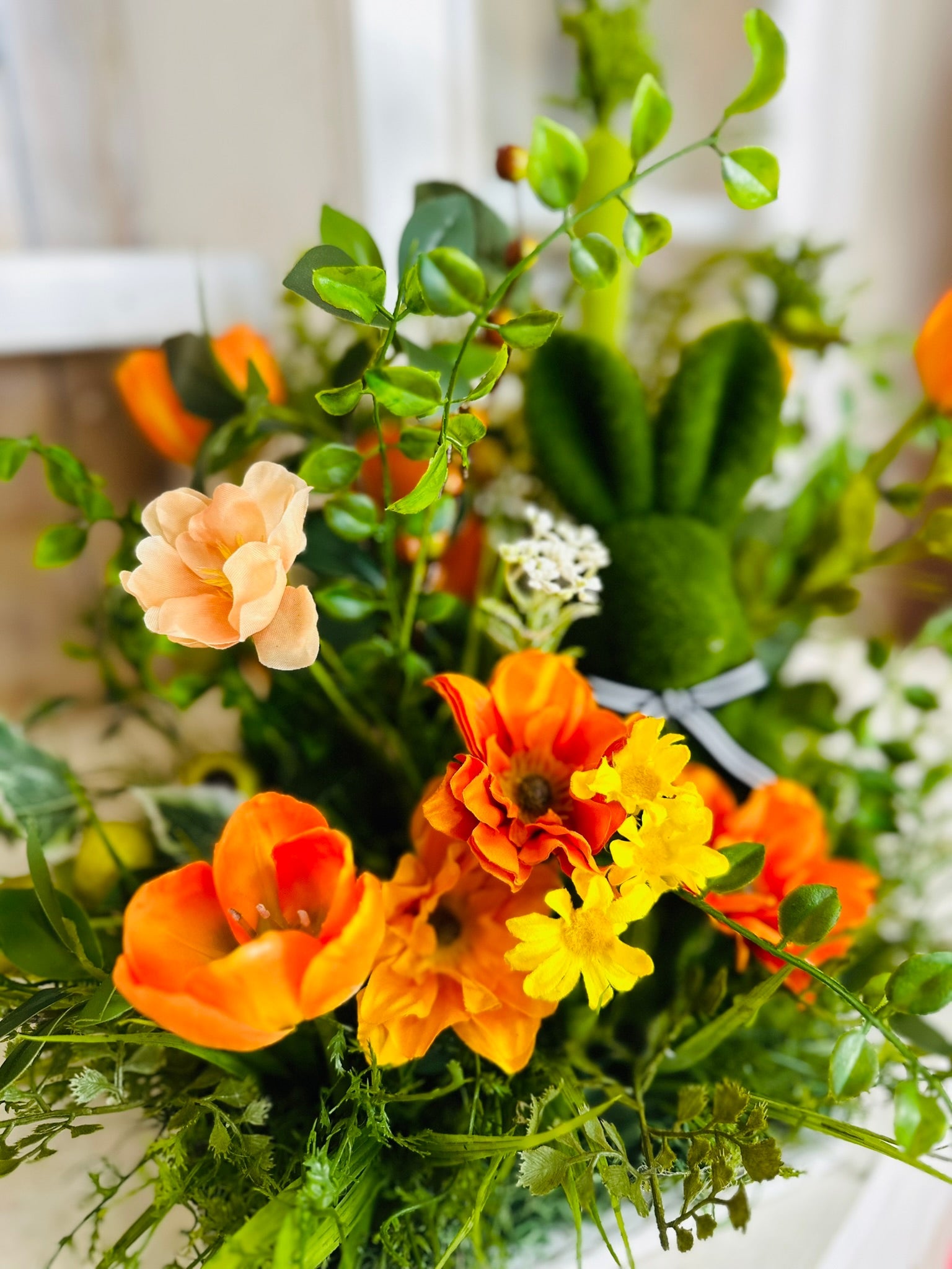 Spring Easter Bunny Centerpiece - Farm Fresh Carrot Decor with Orange Florals -  Spring Orange Tulip and Poppy Floral Arrangement TCT Crafts