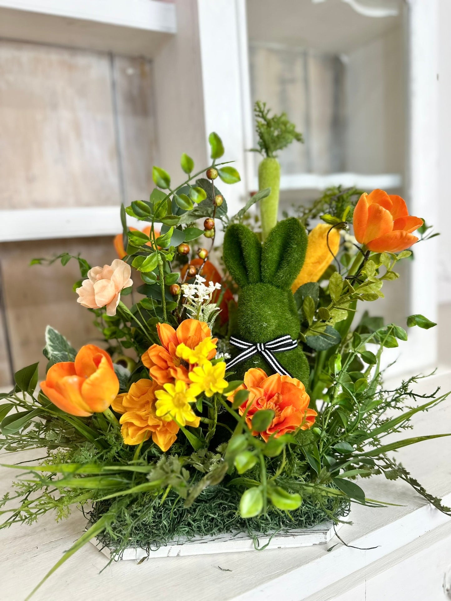 Spring Easter Bunny Centerpiece - Farm Fresh Carrot Decor with Orange Florals -  Spring Orange Tulip and Poppy Floral Arrangement TCT Crafts