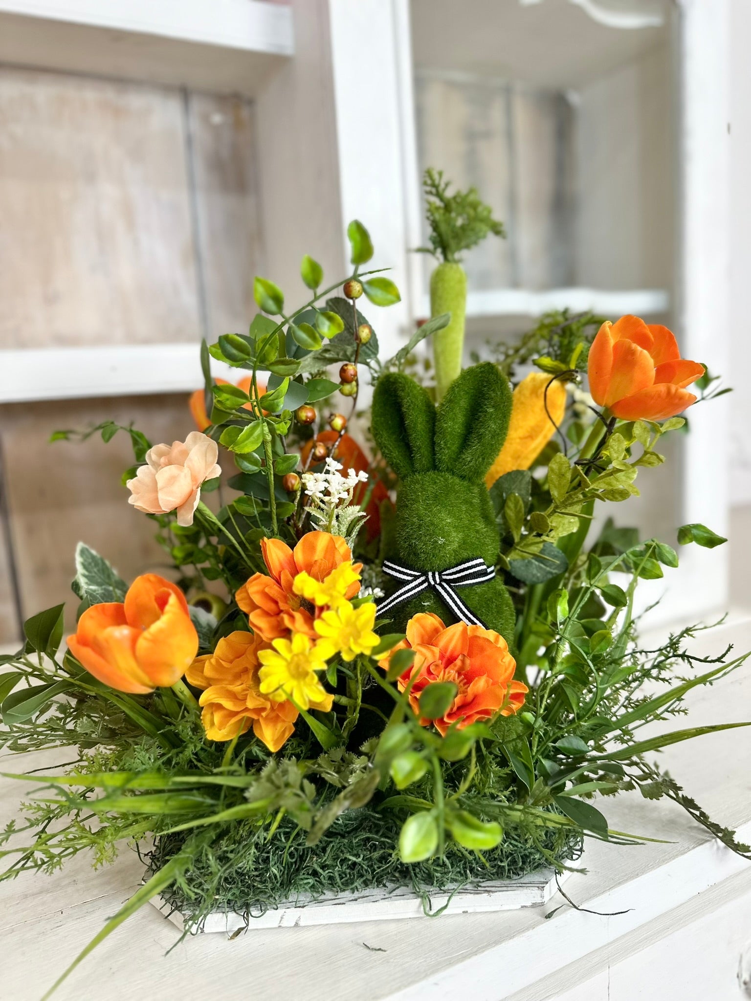 Spring Easter Bunny Centerpiece - Farm Fresh Carrot Decor with Orange Florals -  Spring Orange Tulip and Poppy Floral Arrangement TCT Crafts