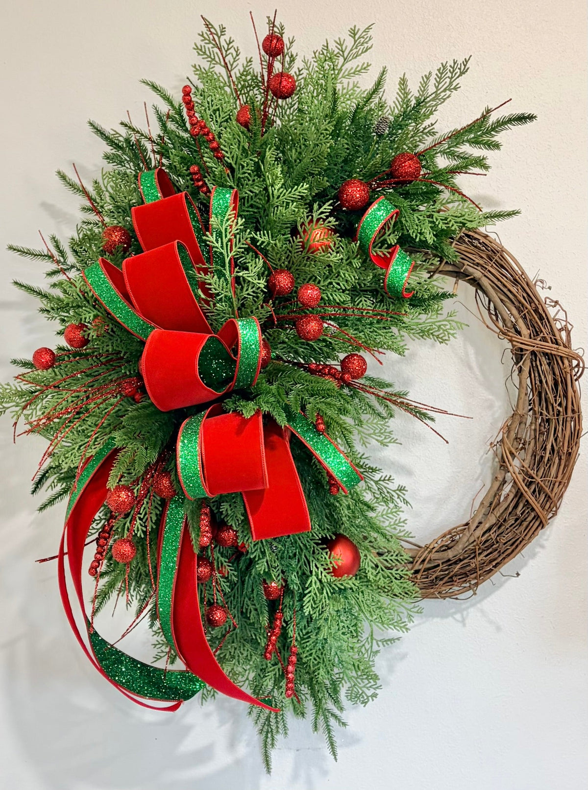 Large Whimsical Red & Green Christmas Grapevine Wreath – 36" TCT Crafts Designs & Decor