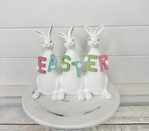 8" Resin Easter Bunny Welcome Sign - Pastel Spring Decor - Triple Rabbit - Seasonal Home Accent - Festive Entryway Decoration (MTX24623)