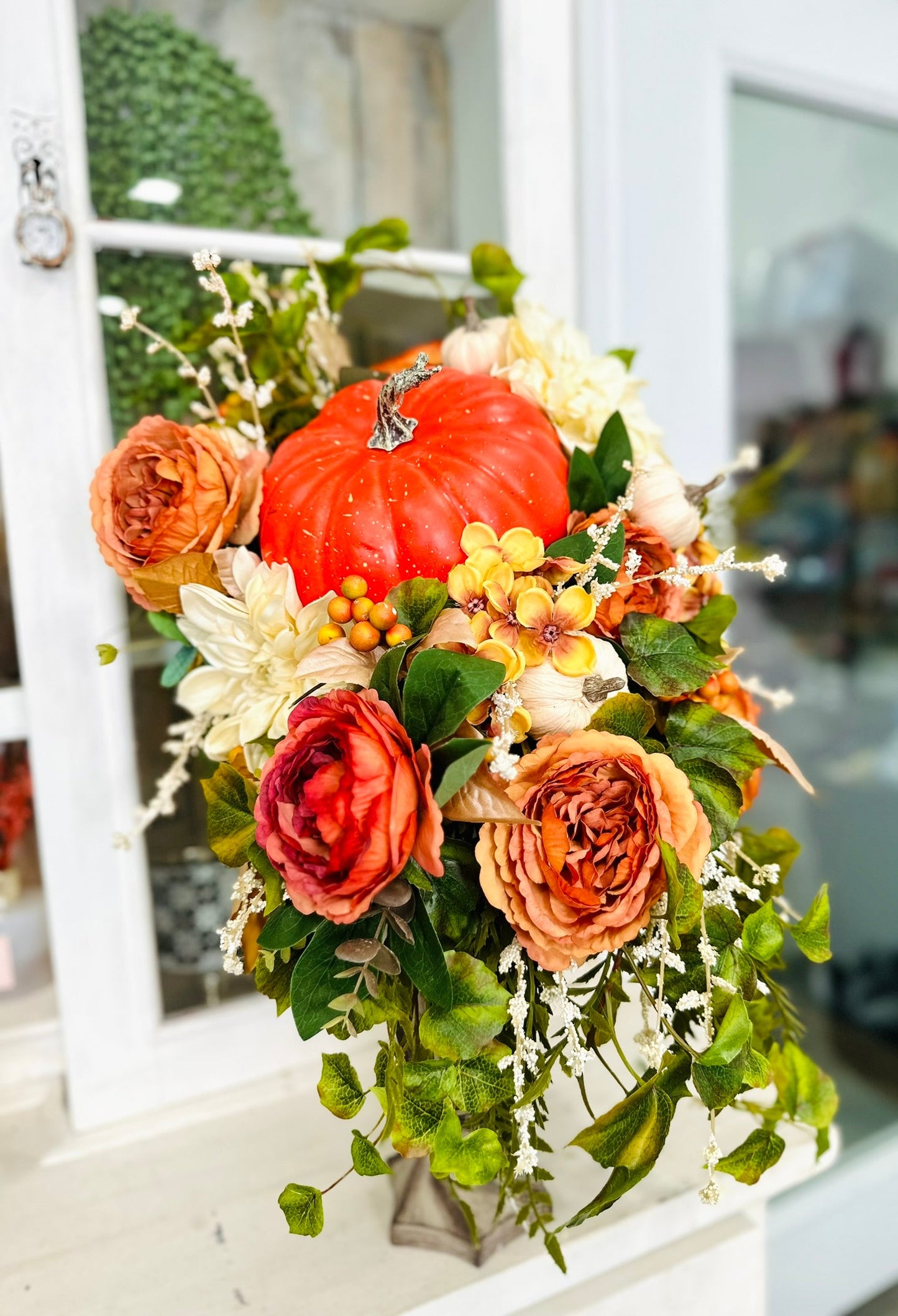 Fall Pumpkin Table Centerpiece – Thanksgiving Arrangement with Cream & Orange Florals TCT Crafts