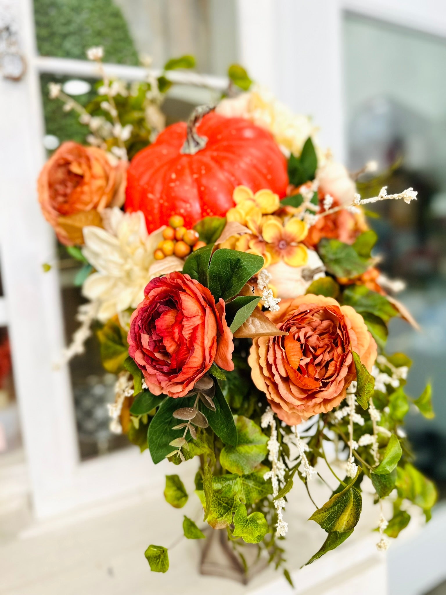 Fall Pumpkin Table Centerpiece – Thanksgiving Arrangement with Cream & Orange Florals TCT Crafts