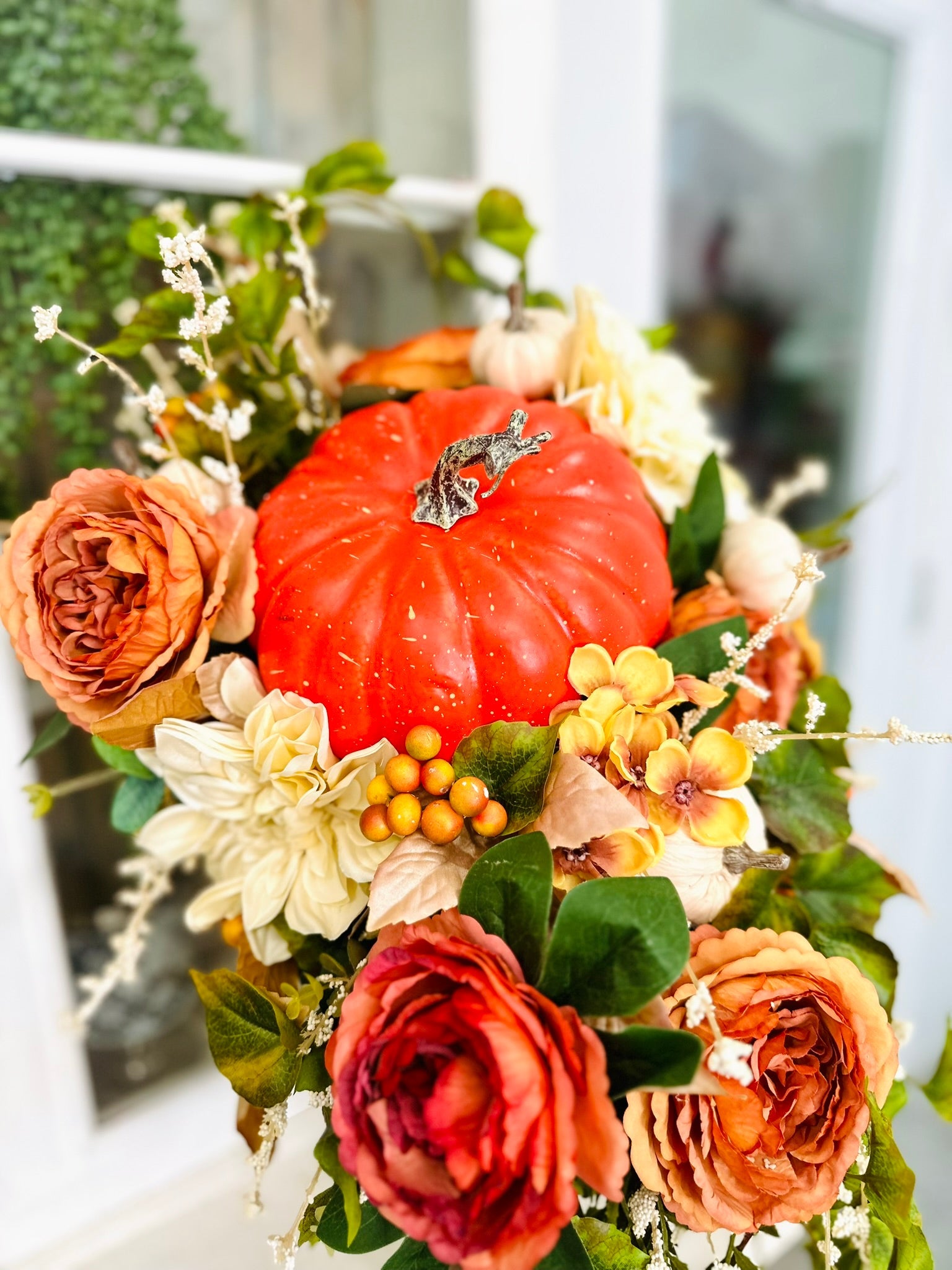 Fall Pumpkin Table Centerpiece – Thanksgiving Arrangement with Cream & Orange Florals TCT Crafts