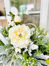 White Winter Wonderland Christmas Centerpiece with Flocked Greenery & Peonies TCT Crafts