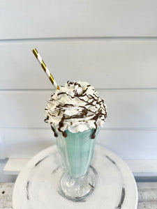 Handmade Faux Mint Chocolate Milkshake with Straw - Food Photography Prop - Kitchen Decor - 11 Inches St. Patrick's Day Kitchen Decoration