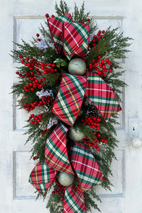 XL Traditional Red/Green Plaid Artificial Pine Christmas Swag - 44x25" Festive Holiday Decor- Designer Holiday Swag by TCT Crafts